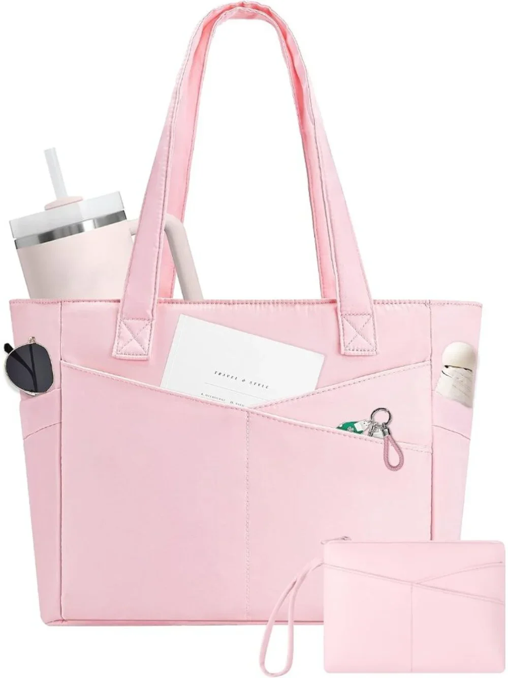 👜Women's Pink Nylon Large Tote Bag With Zipper 15.6 Laptop Sleeve Work Bag
